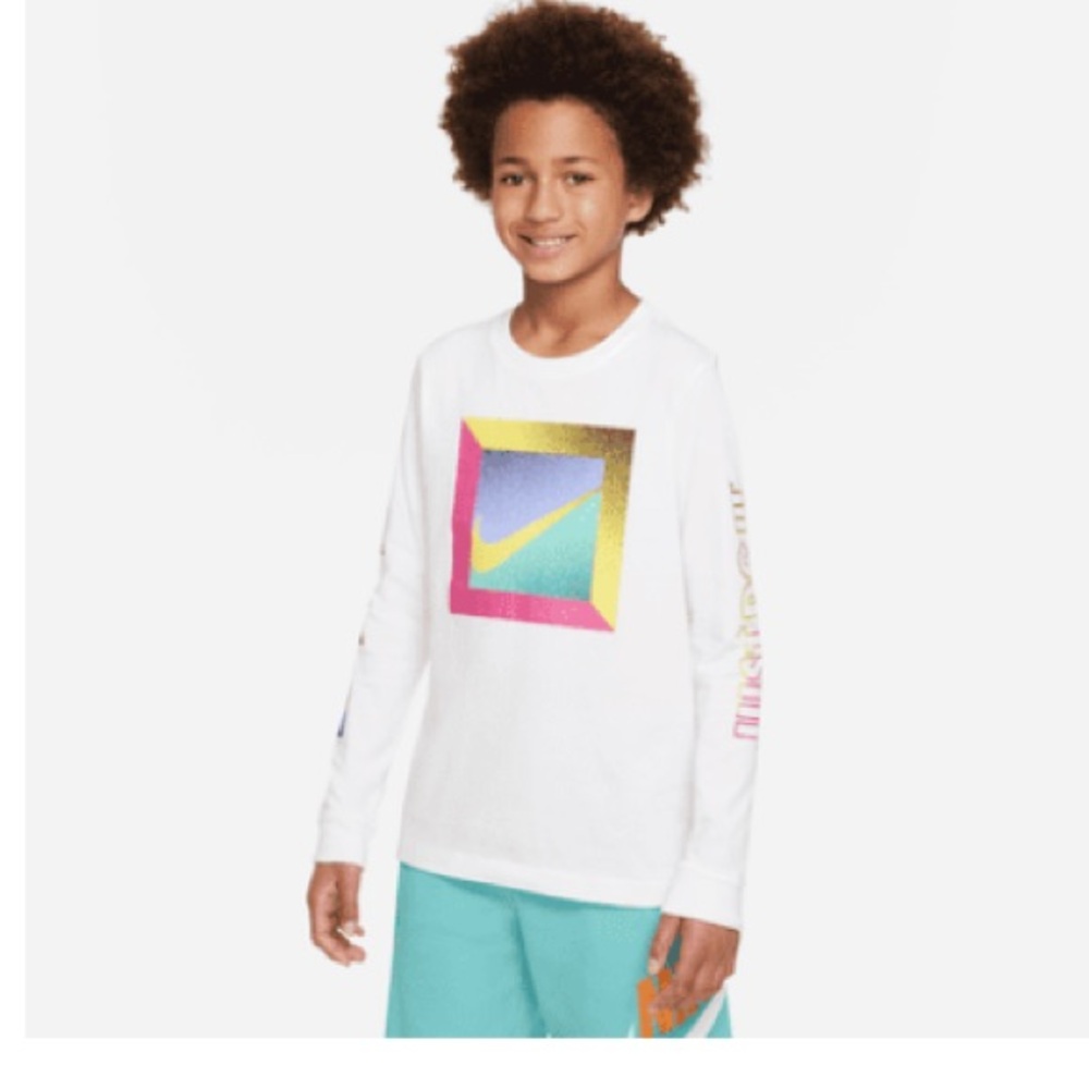 Nike Kids White Long Sleeve Shirt with Multicolor Logo